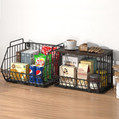 Wetheny 2 Tier Stackable Wall Mounted Wire Basket Fruit Basket with Wood Lid - Kitchen Pantry