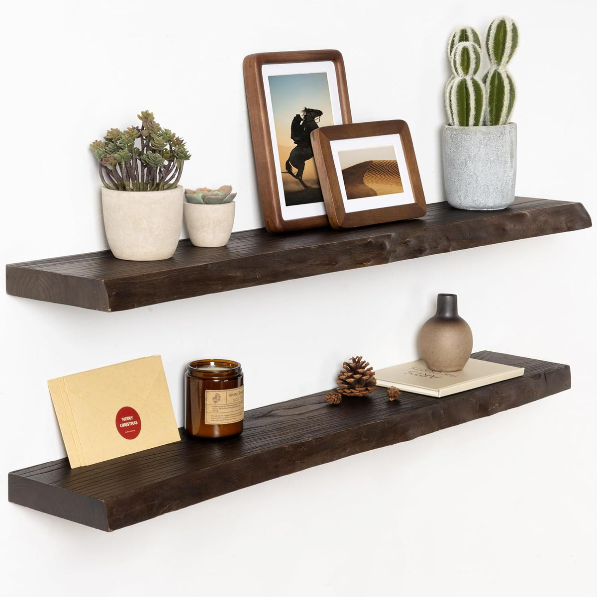 Solid Elm Wood Floating Shelves, 36 Inch Wood Floating Shelves for Wall, Live Edge Wooden Shelves