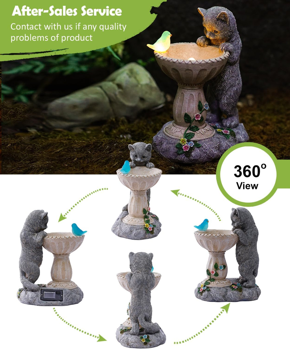 Nacome Solar Cat Birdbath Garden Decor: Outdoor Statues Ornaments for Outside Decorations Yard Art