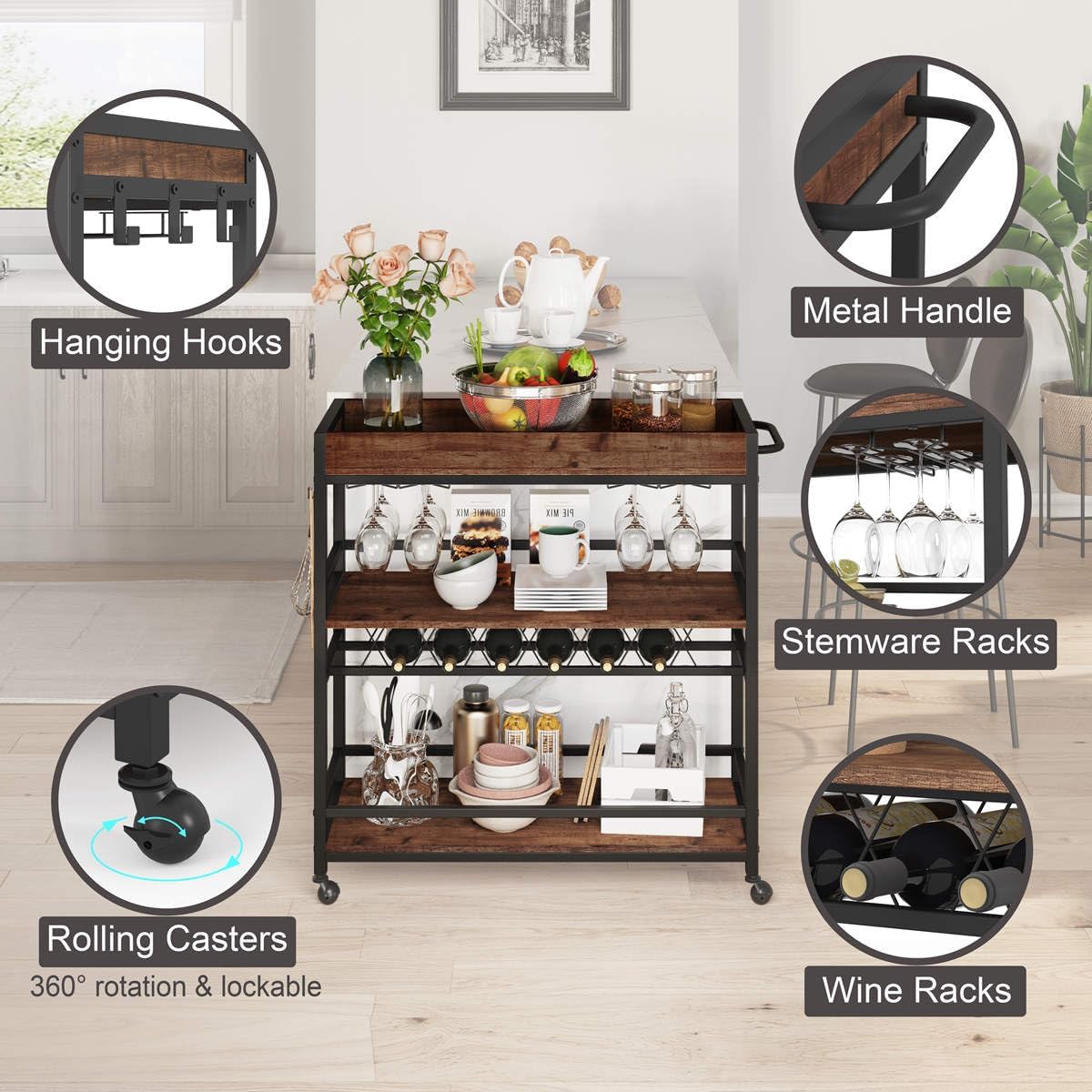 BON AUGURE Bar Cart for The Home, Rolling Home Bar Serving Cart on Wheels, 3 Tier Liquor Beverage