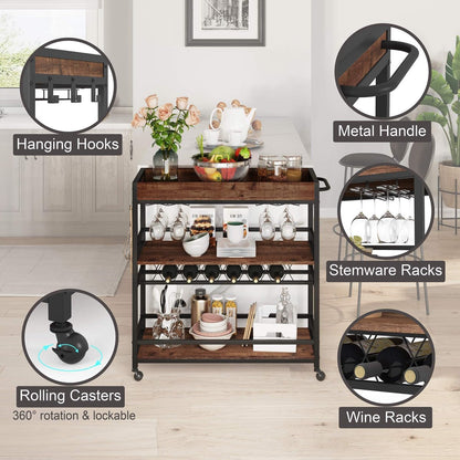 BON AUGURE Bar Cart for The Home, Rolling Home Bar Serving Cart on Wheels, 3 Tier Liquor Beverage