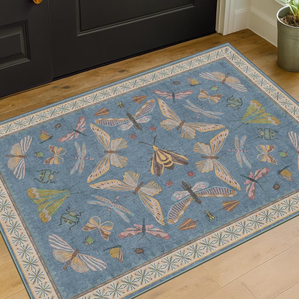 Blue 2x3 Washable Rug for Entryway Indoor, Kitchen Floor, Bathroom, Non Slip Low Pile Stain & Fade