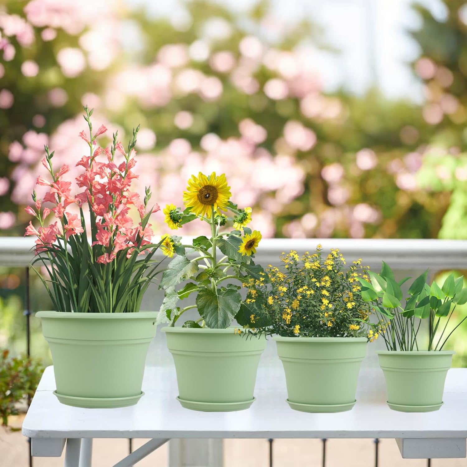 11 Inch Plastic-Flower-Pot-for-Indoor-Plants, 4 Pack Large Outdoor Planter Pot with Drainage Holes