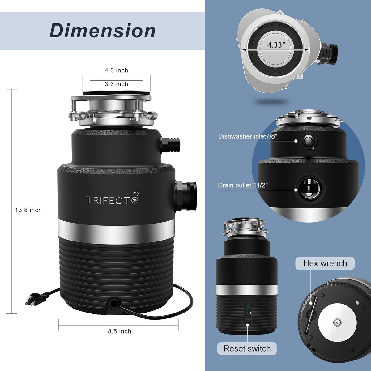 Trifecte Series 1 HP Continuous Feed Garbage Disposal with Sound Reduction, Power Cord, Stainless