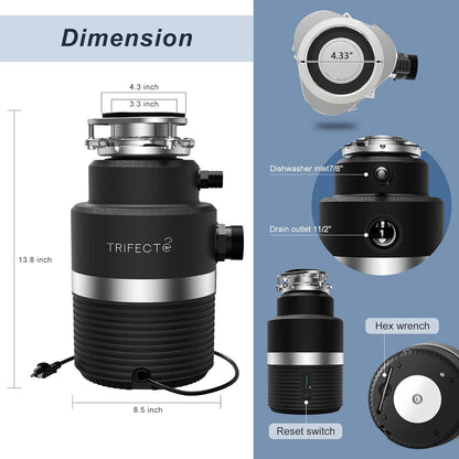 Trifecte Series 1 HP Continuous Feed Garbage Disposal with Sound Reduction, Power Cord, Stainless