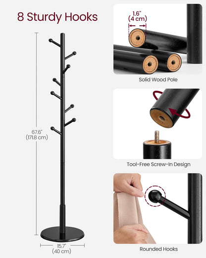 VASAGLE Solid Wood Coat Rack, Free Standing Hall Coat Tree with 8 Hooks, 3 Height Options, for