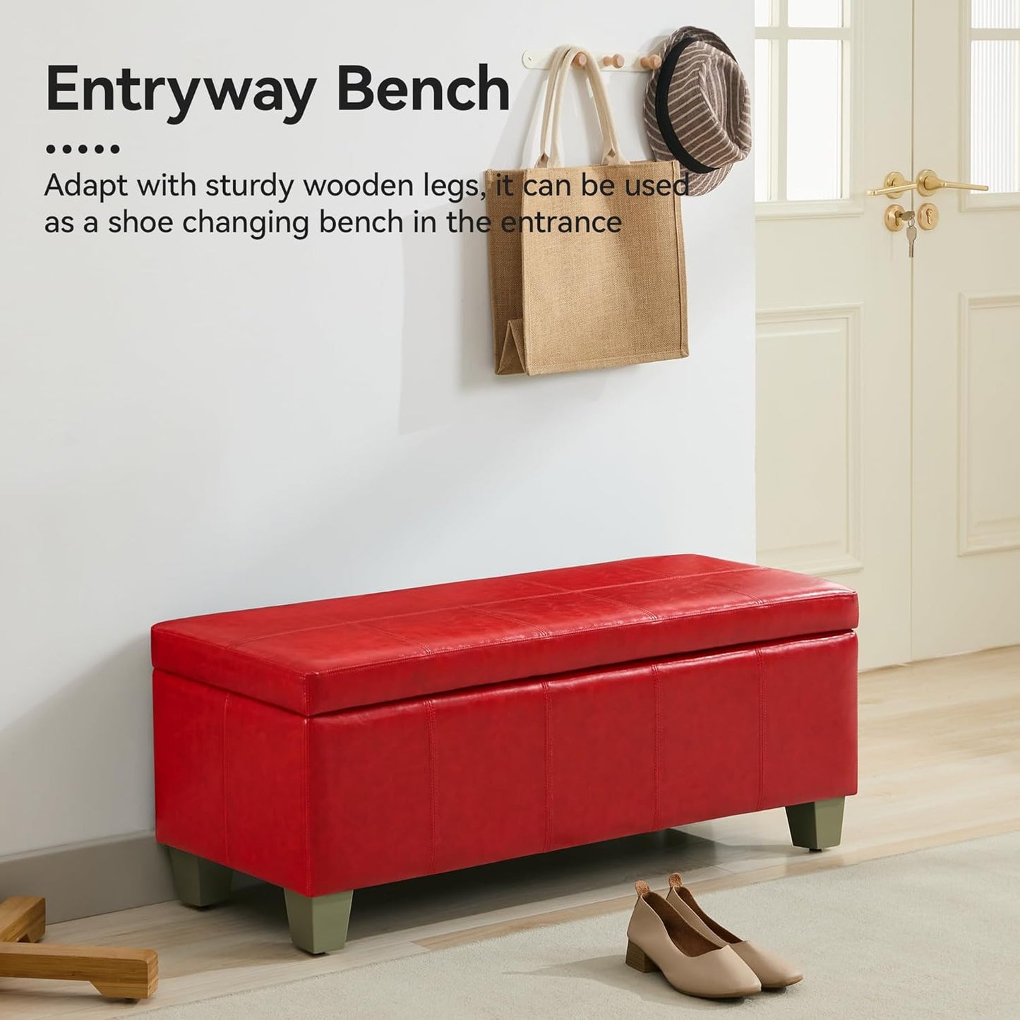 41" Faux Leather Storage Ottoman, Stitch Tufted Rectangle Upholstered End of Bed Storage Bench