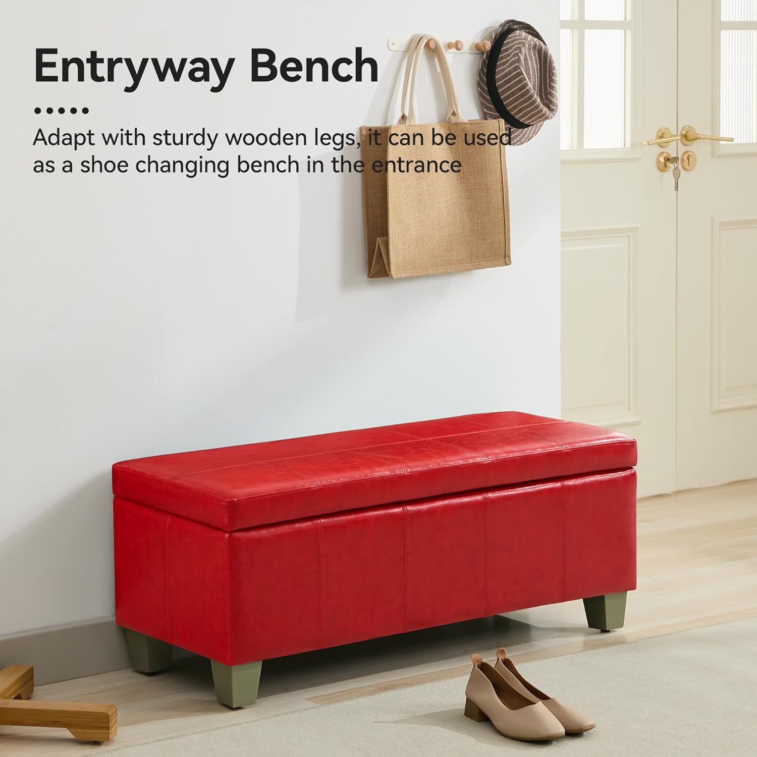 41" Faux Leather Storage Ottoman, Stitch Tufted Rectangle Upholstered End of Bed Storage Bench