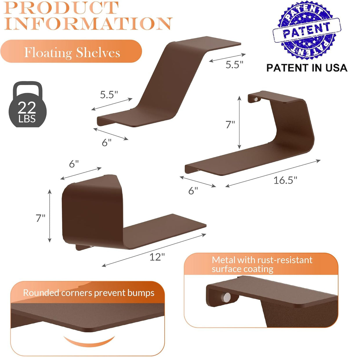 Floating Shelves, Wall Shelf, Set of 3 Wall Mounted Metal Shelves with Unique Design for Wall