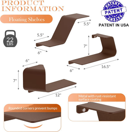 Floating Shelves, Wall Shelf, Set of 3 Wall Mounted Metal Shelves with Unique Design for Wall