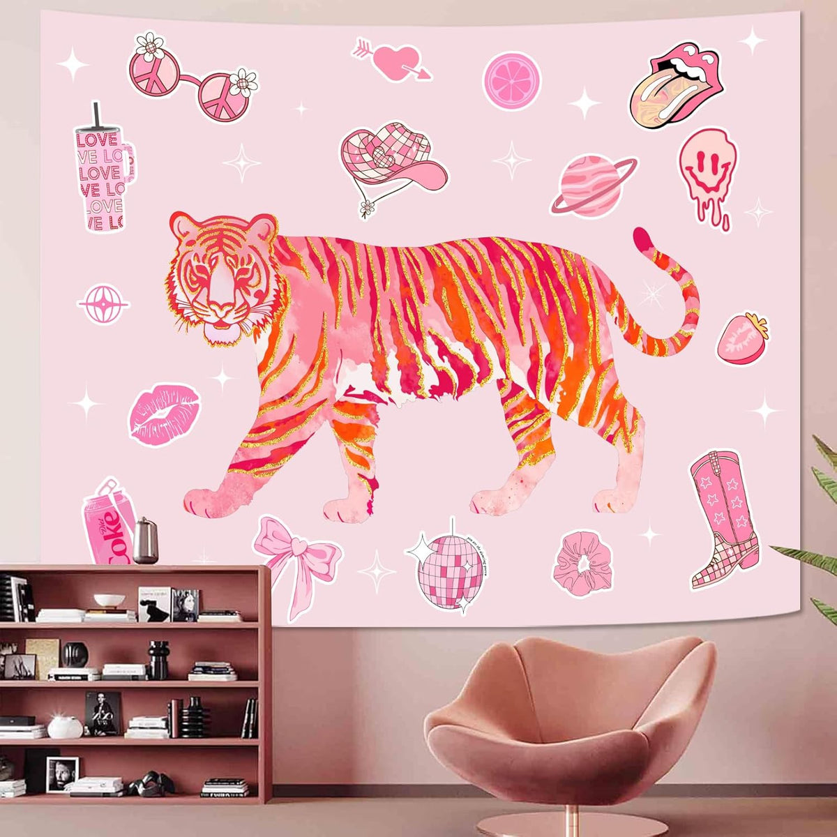 Lunerfex Y2K Tapestry Pink Tiger Wall Tapestry, Cute Tapestries for Bedroom Funny Tapestries Wall