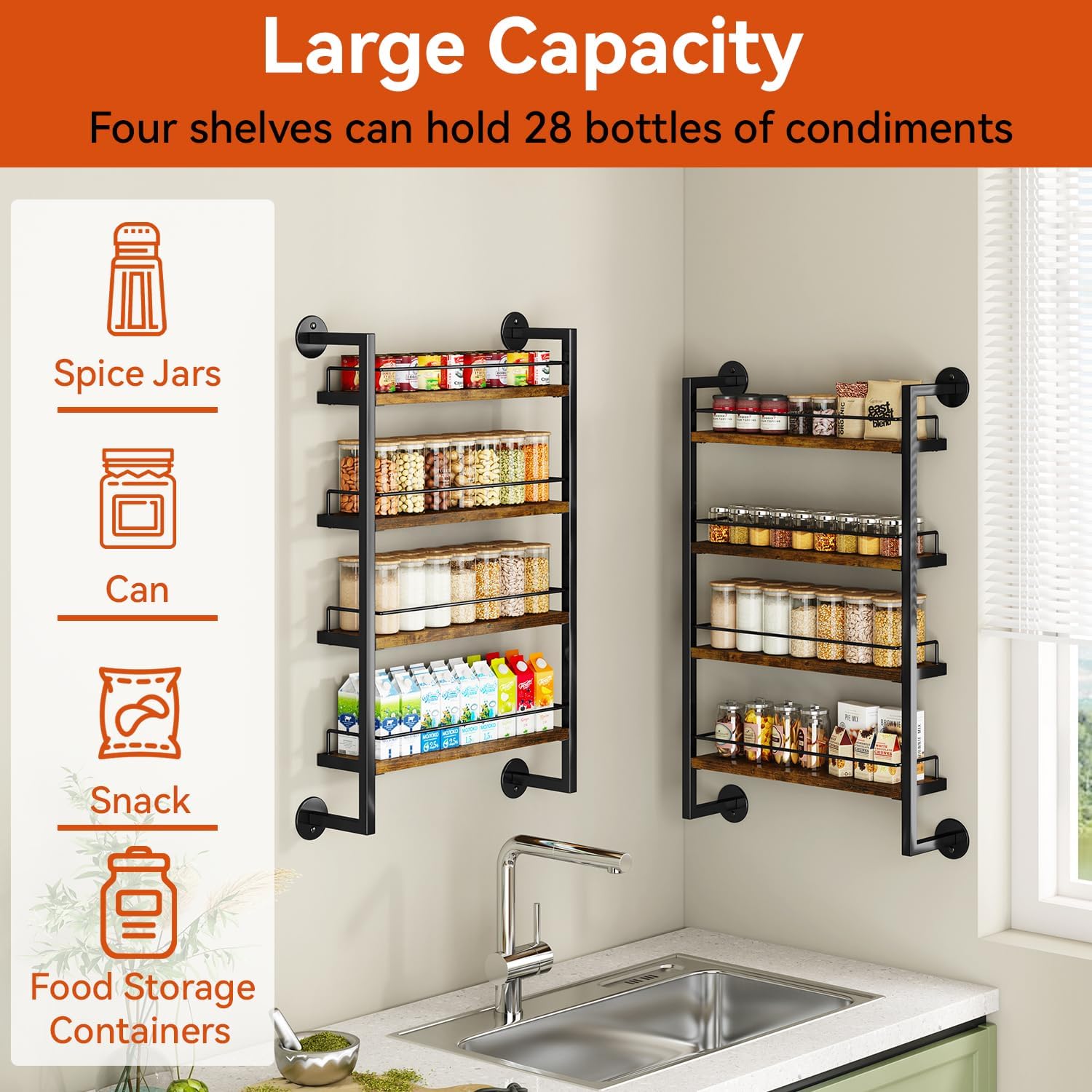 IBUYKE Spice Rack Wall Mount,4 Tier Hanging Seasoning Organizer,Large Spice Rack for Wall for up to