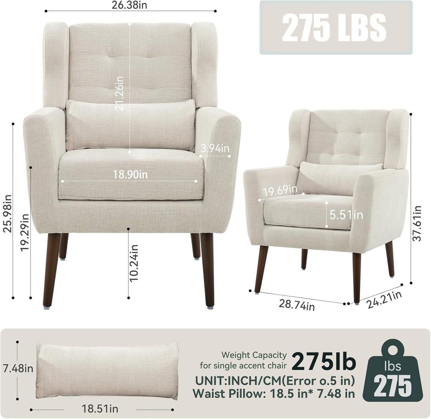 Modern Accent Chair, Upholstered Armchair with Pillow, Fabric Single Sofa Chair with Lounge Seat