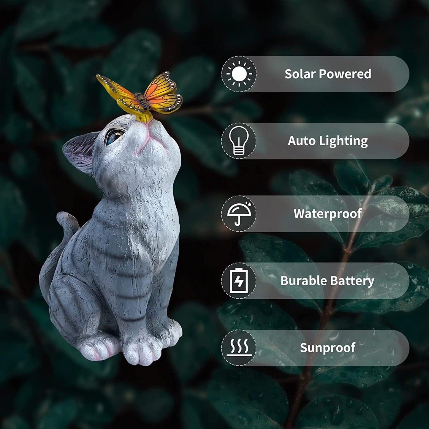Cat Garden Figurines Outdoor Decor Solar Statue with LED Lights for Patio Lawn Yard Art Decoration