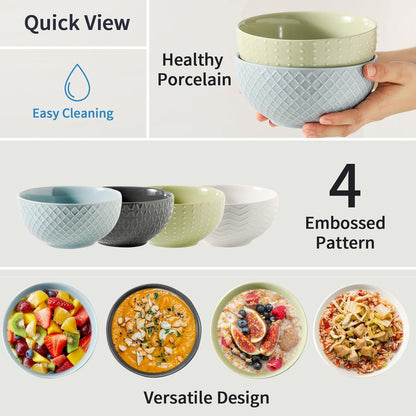 Hasense Soup Bowls 26 OZ, Ceramic Bowls Set of 4 for Kitchen, Embossed Stoneware Porcelain Cereal