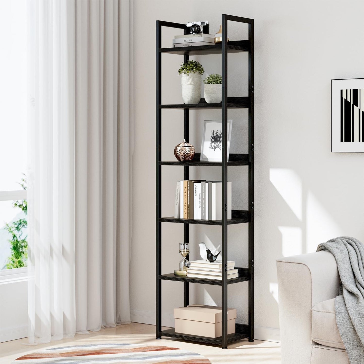 NUMENN Narrow Bookshelf, 6 Tier Bookshelves, Home Office Bookcase Shelf Storage Organizer, Free