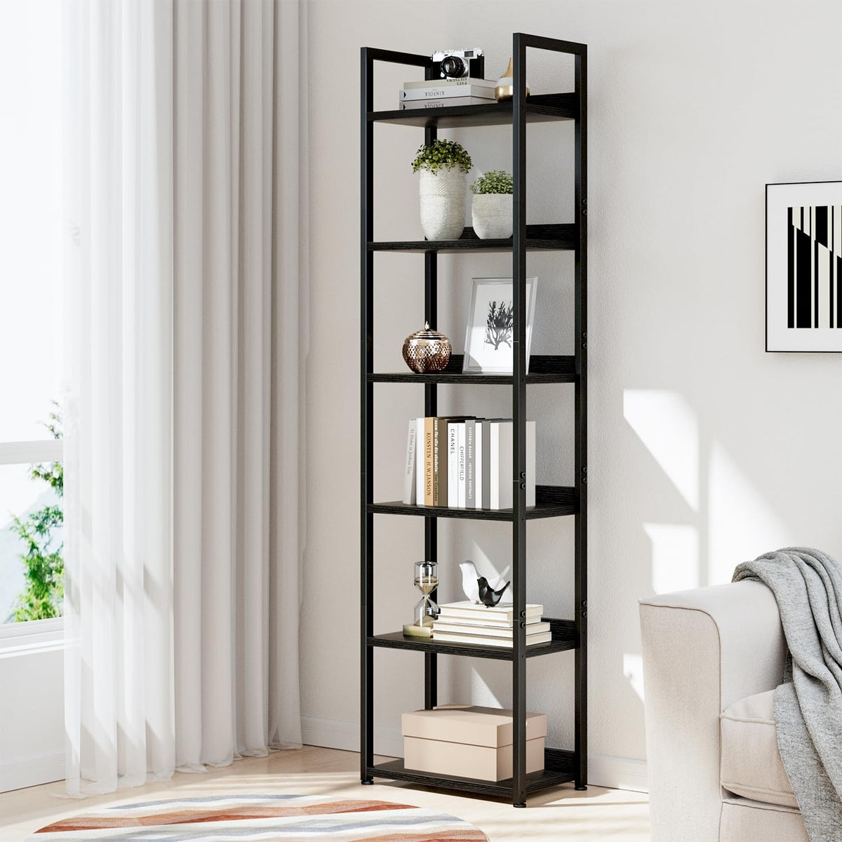 NUMENN Narrow Bookshelf, 6 Tier Bookshelves, Home Office Bookcase Shelf Storage Organizer, Free