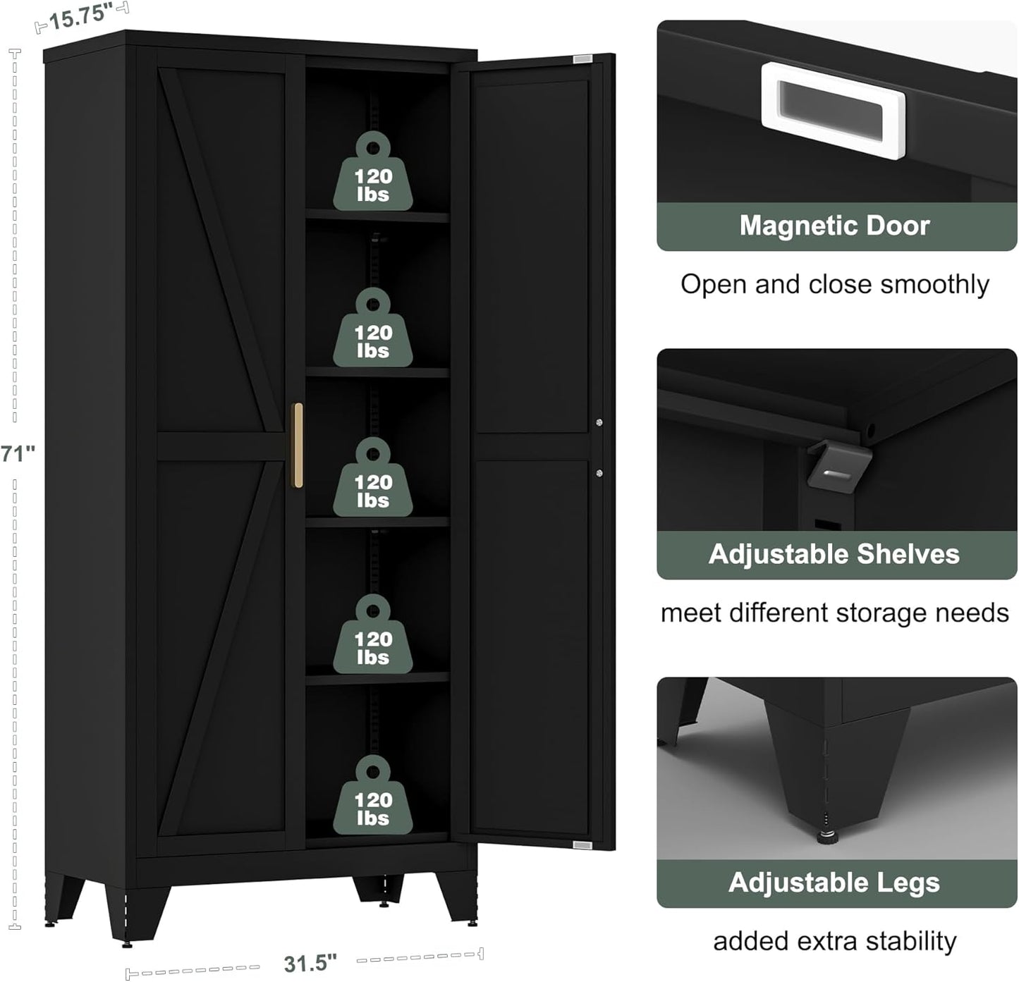 71'' Farmhouse Metal Storage Cabinet with Barn Doors,Steel File Cabinet for Home Office,Kitchen
