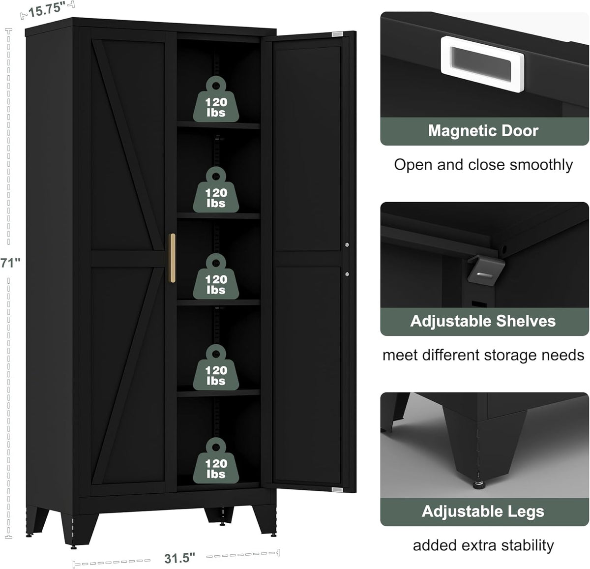 71'' Farmhouse Metal Storage Cabinet with Barn Doors,Steel File Cabinet for Home Office,Kitchen