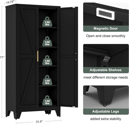 71'' Farmhouse Metal Storage Cabinet with Barn Doors,Steel File Cabinet for Home Office,Kitchen