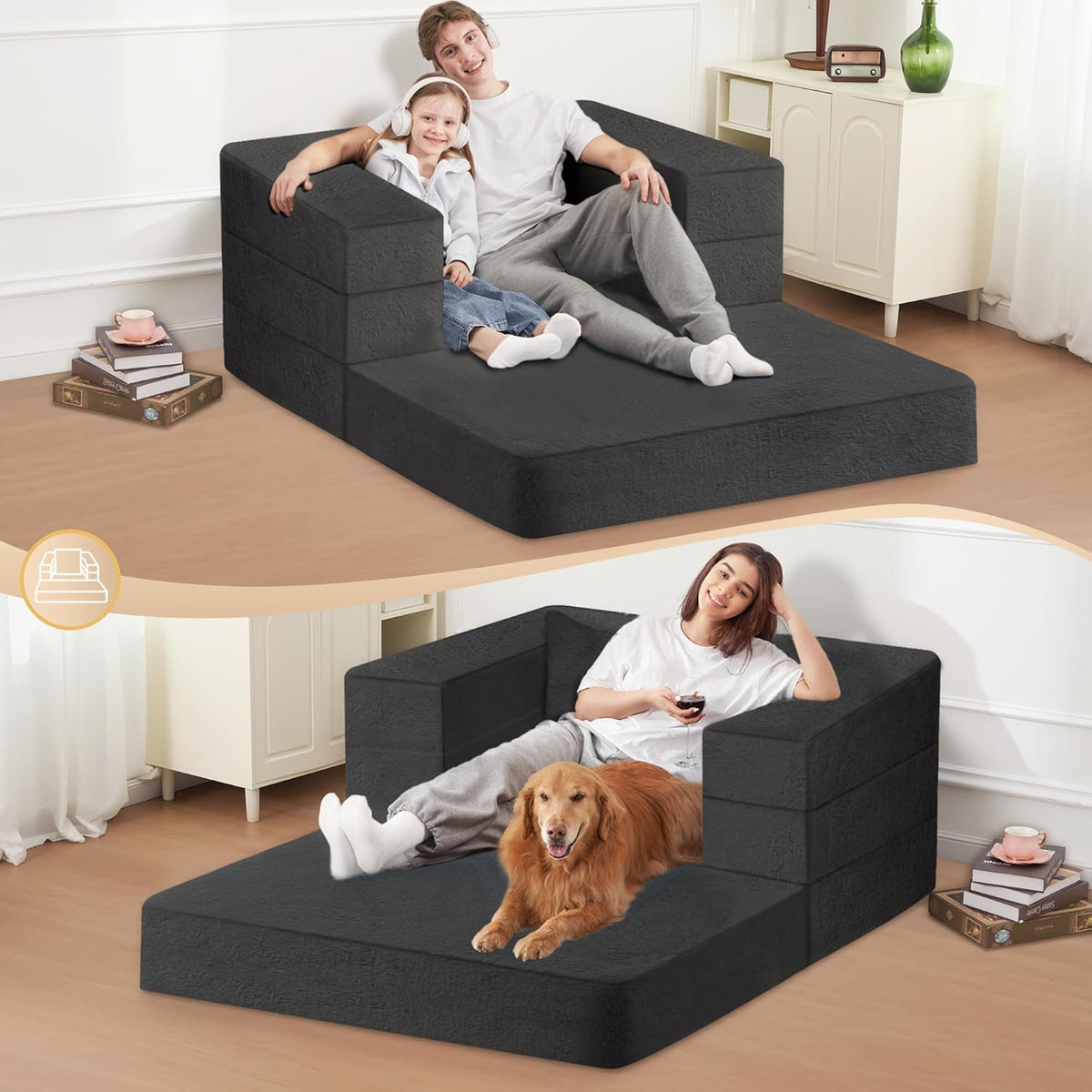 Folding Bean Bag Chair for Adults,3-in-1 Bean Bag Couch Faux Fur Floor Sofa Large Beanbag