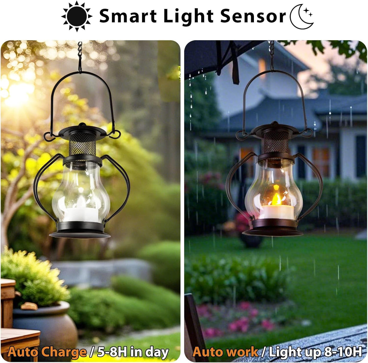 Solar Hanging Lanterns Outdoor Waterproof, Vintage Mini Metal Lantern with Flickering Solar Powered