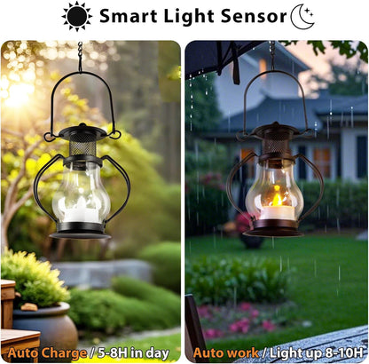 Solar Hanging Lanterns Outdoor Waterproof, Vintage Mini Metal Lantern with Flickering Solar Powered