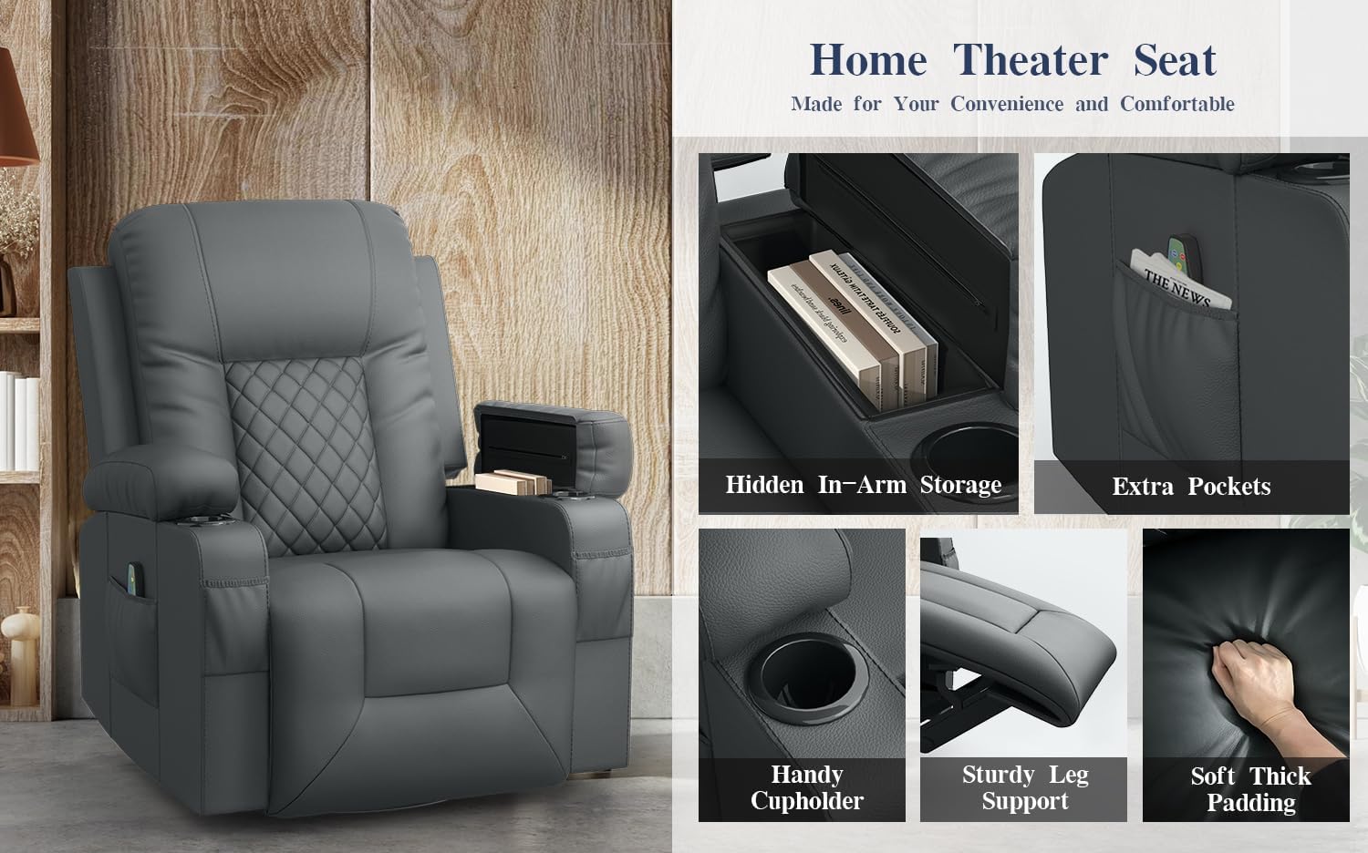 Recliner Chairs for Adults, Massage Rocker with Heated Modern Ergonomic Lounge 360 Degree Swivel