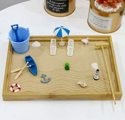 Desktop Miniature Beach Zen Garden - Mini Home Office Tabletop Sandbox Bamboo Rakes Stamps Tray