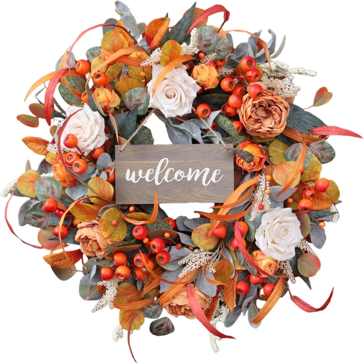 Fall Wreath for Front Door, 24 Inch Autumn Wreath with lamb's Ear Leaves, Roses, Berries & Wooden