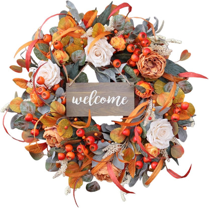 Fall Wreath for Front Door, 24 Inch Autumn Wreath with lamb's Ear Leaves, Roses, Berries & Wooden