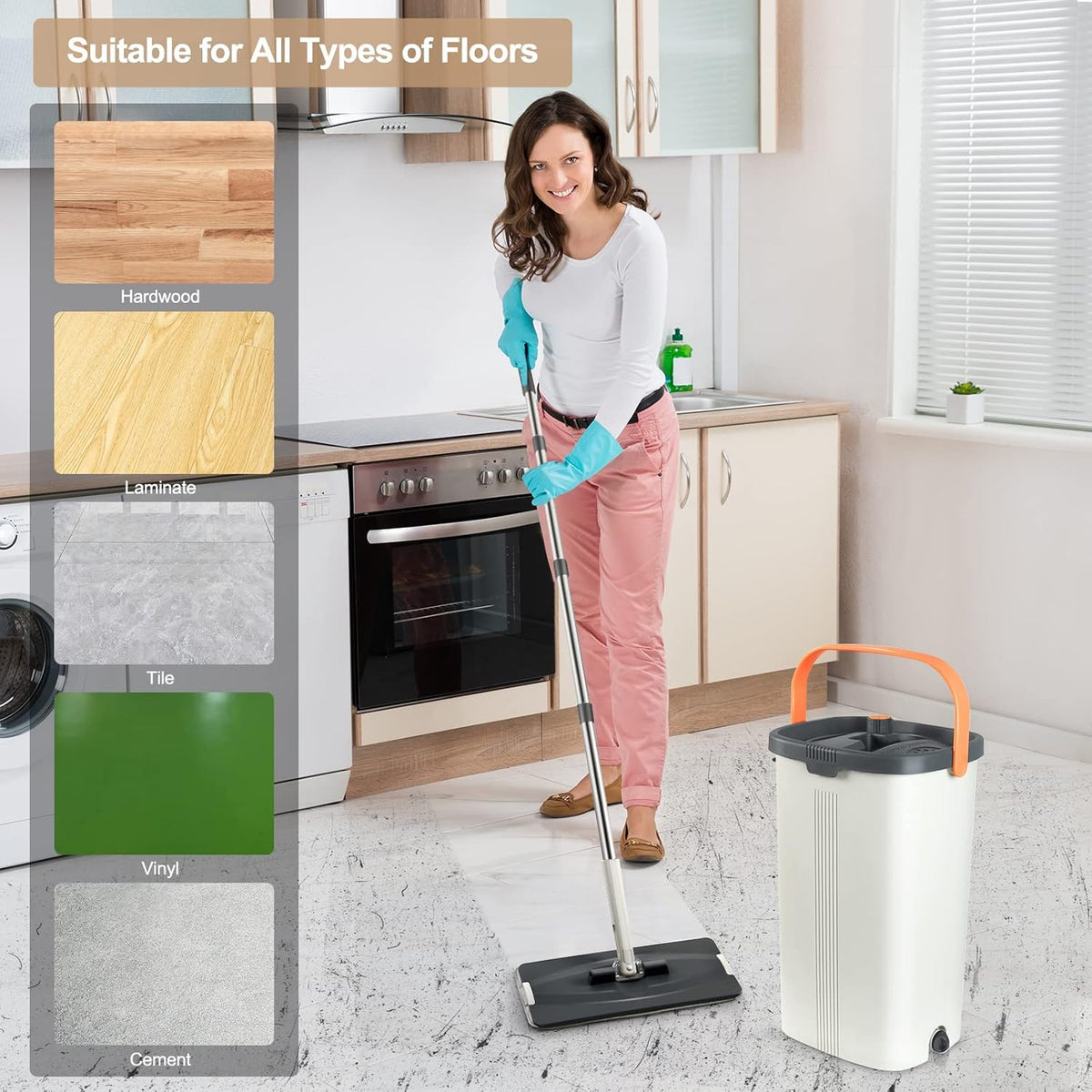 Jelymark Flat Mop and Bucket with Wringer Set, Separates Dirty and Clean Water, 3-Chamber Mop Wet