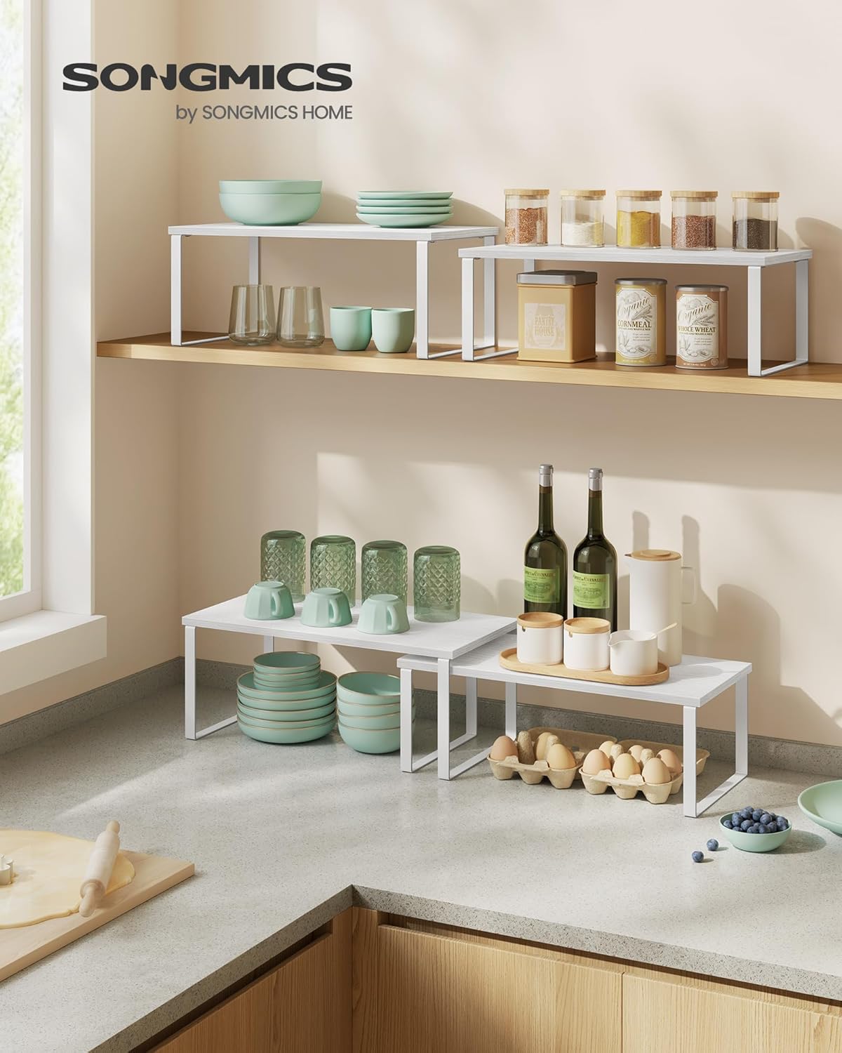 SONGMICS Cabinet Organizer Shelf, Set of 2 Kitchen Counter Shelves, Kitchen Storage, Spice Rack