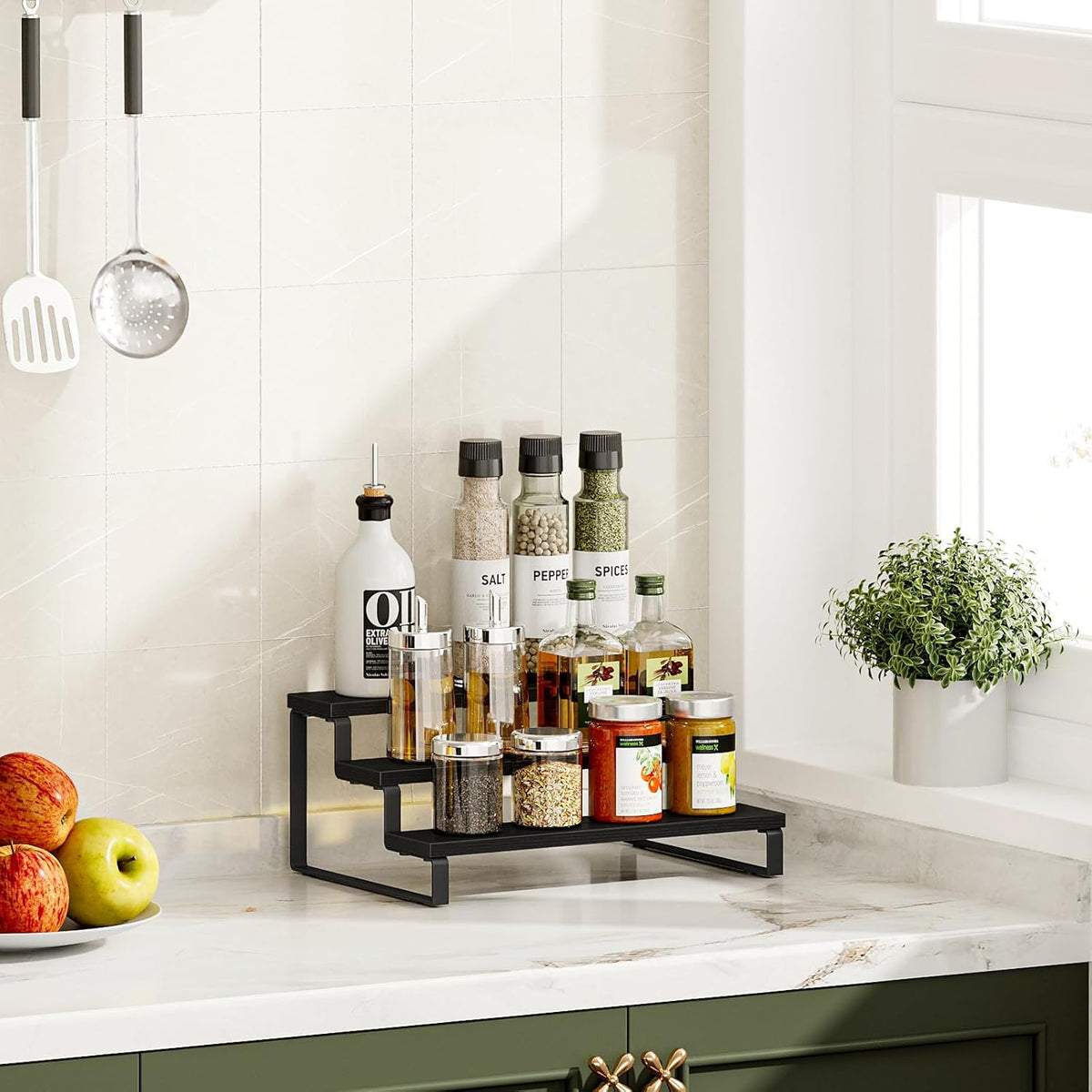 Giikin 3 Tier Spice Rack, Cabinet Organizer Shelf, Wooden Spice Rack for Countertop, Kitchen