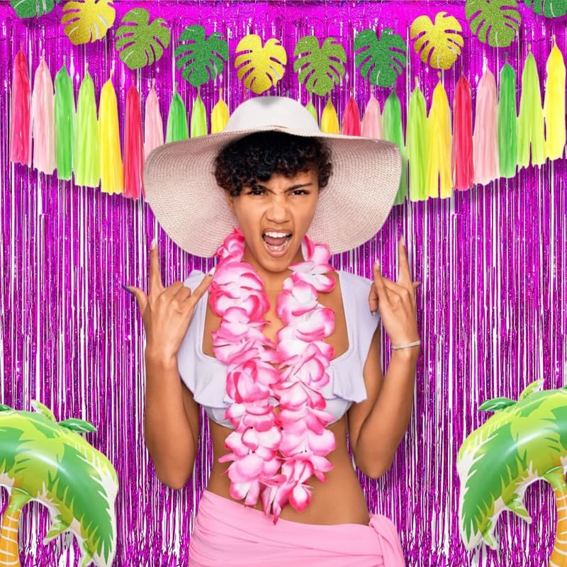 BRAVESHINE Hot Pink Tinsel Foil Fringe Curtains - 2Pcs 3.2x8.2ft Metallic Party Streamers Backdrop