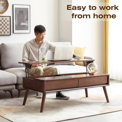 Solid Oak Wood Lift Top Coffee Table for Living Room, Mid Century Modern Tables with Drawers and
