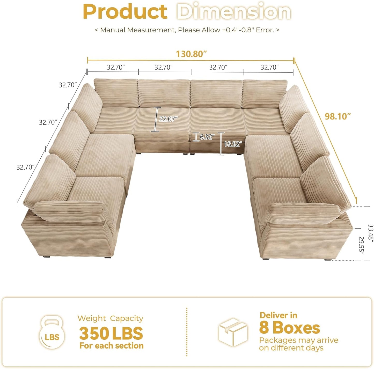 HOOOWOOO Modular Sectional Sofa,8 Pieces Sectional Couches for Living Room,131X98 L Shaped Cloud