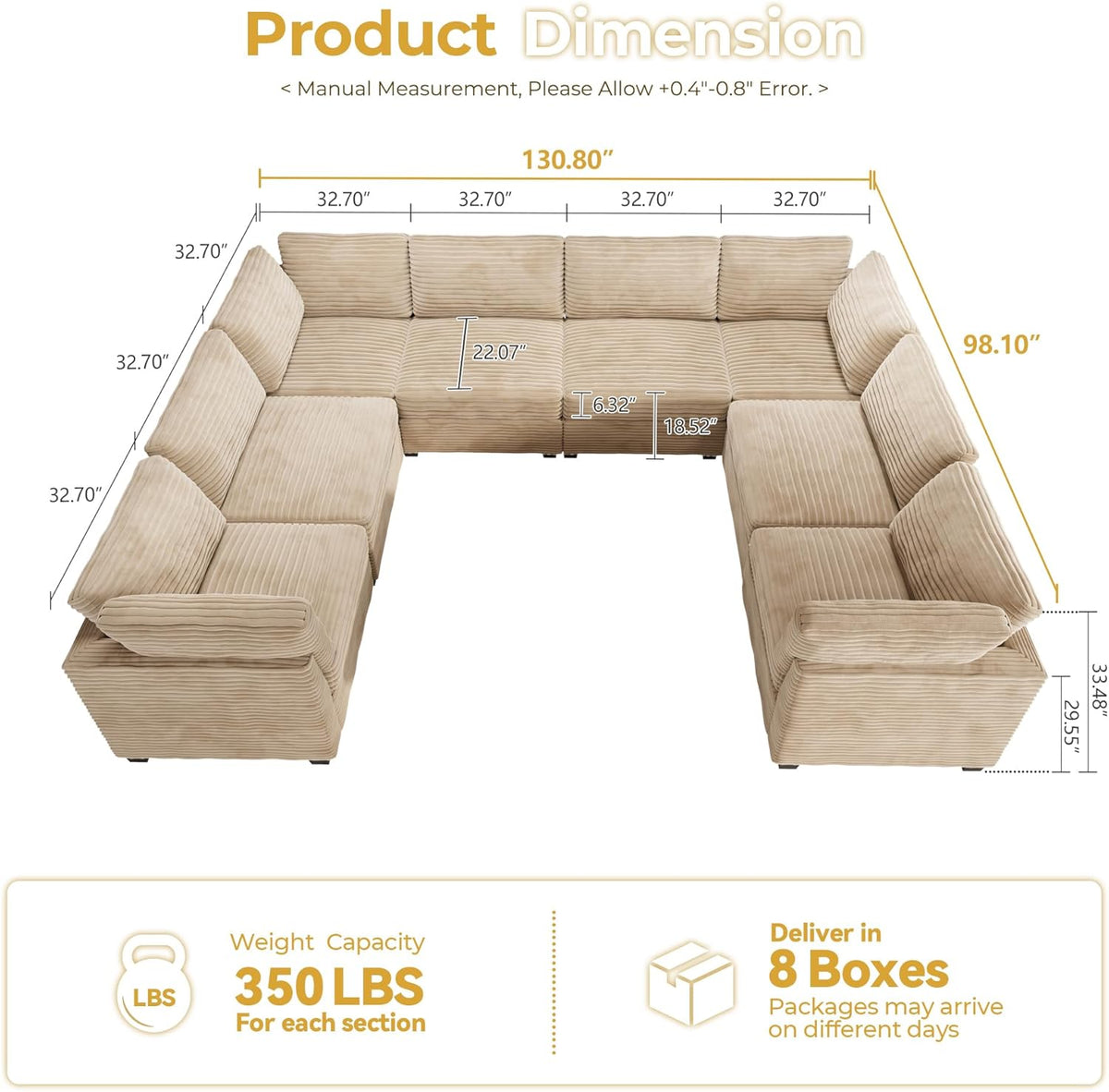 HOOOWOOO Modular Sectional Sofa,8 Pieces Sectional Couches for Living Room,131X98 L Shaped Cloud