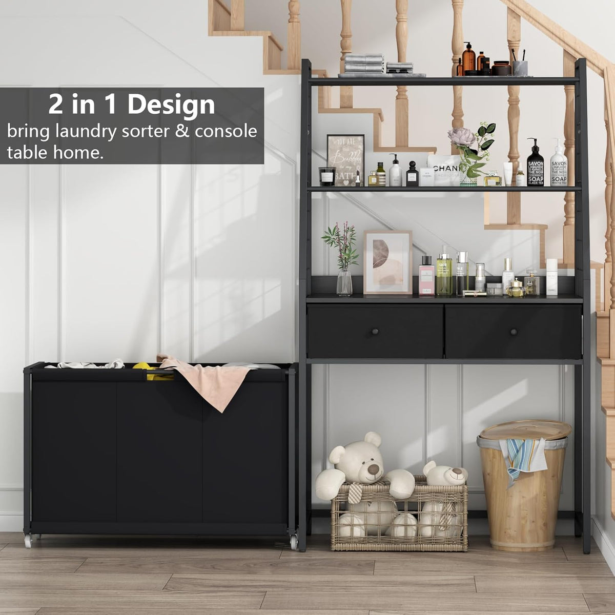 Laundry Hamper Laundry Basket with 3 Section Pull-Out Rolling Bags & 2-Tier Storage Shelf, Laundry