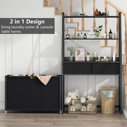 Laundry Hamper Laundry Basket with 3 Section Pull-Out Rolling Bags & 2-Tier Storage Shelf, Laundry