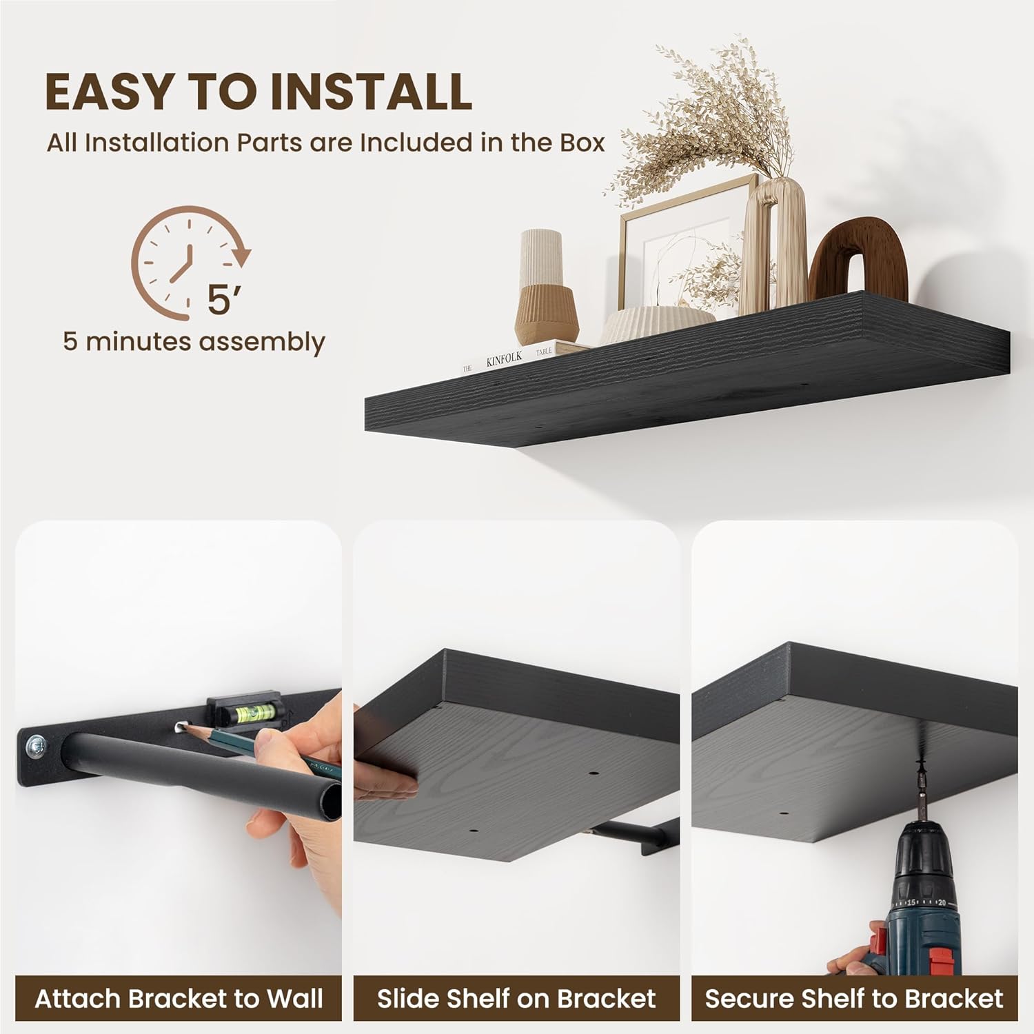 Fun Memories Black Floating Shelves for Wall - 10 x 16 Floating Shelf - Rustic Wood Storage Shelf