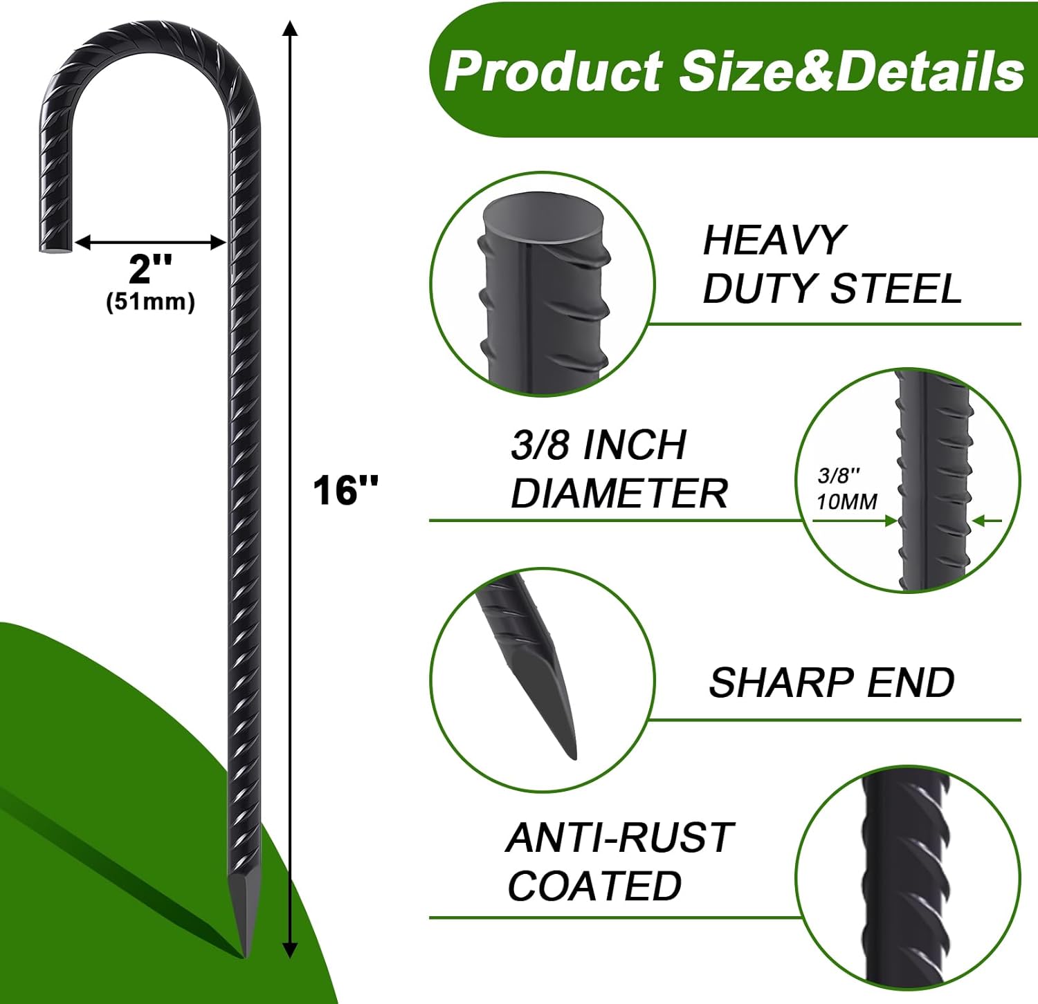 AAGUT 16 Inch 8 Pack Rebar Stakes 3/8" Heavy Duty J Hook Chain Link Fence Stakes with Chisel Point