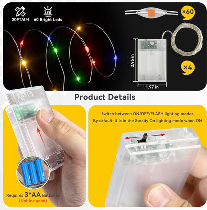 4 Pack 60LED Christmas Fairy Lights Battery Operated - 20FT Twinkle Lights with 2 Lighting Modes