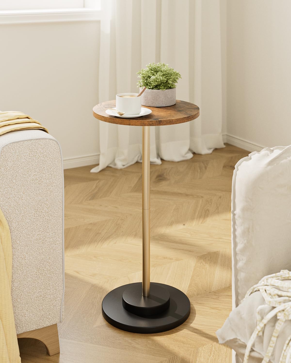 Masupu Drink Table, Round Side Table for Small Spaces, Pedestal Small End Table with Metal Base