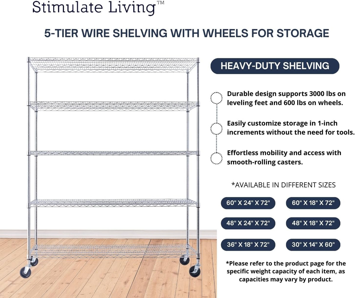 60"x24"x72" PRIME HEAVY DUTY Chrome 5-Tier Wire Shelving NSF 3000 LBS MAX Capacity Storage Rack for