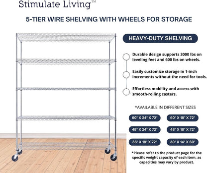 60"x24"x72" PRIME HEAVY DUTY Chrome 5-Tier Wire Shelving NSF 3000 LBS MAX Capacity Storage Rack for