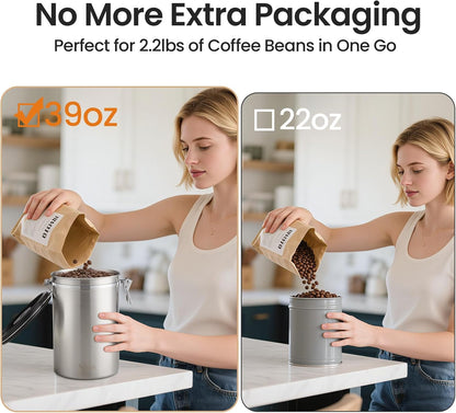 Veken Coffee Canister, 39OZ Large, Airtight Stainless Steel Food Storage Container for 2.2lbs