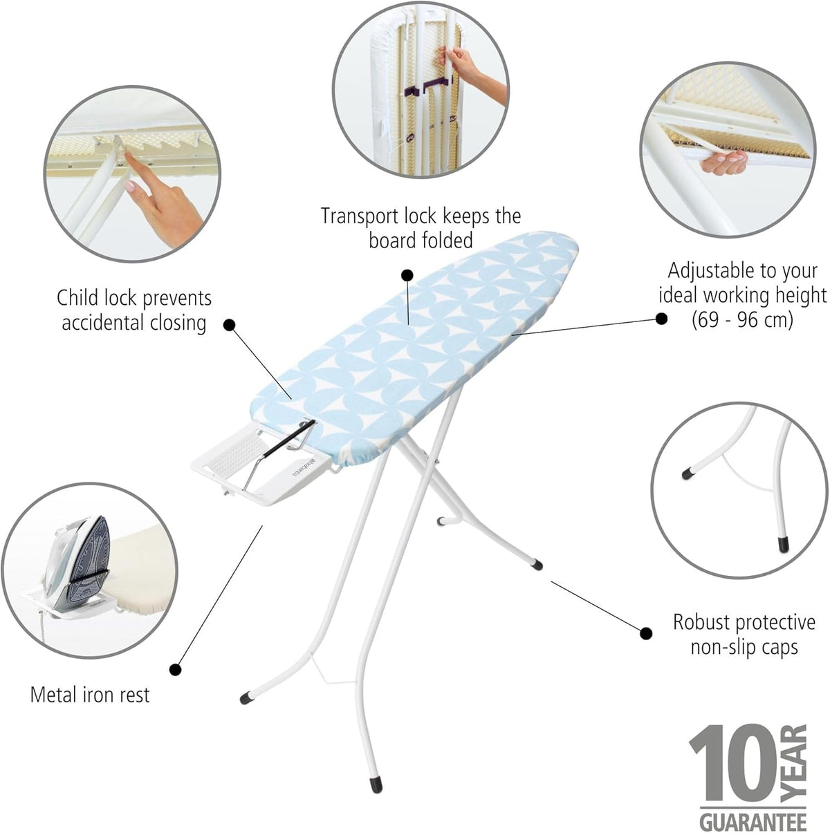 Brabantia Size A Compact Small Ironing Board (43x12 in) 7 Height Options, Adjustable Steam Iron