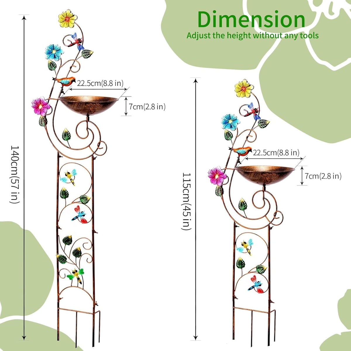 57" Height Metal Bird Bath with Trellis for Outdoor, Vintage Decorative Bird Baths, Small Garden