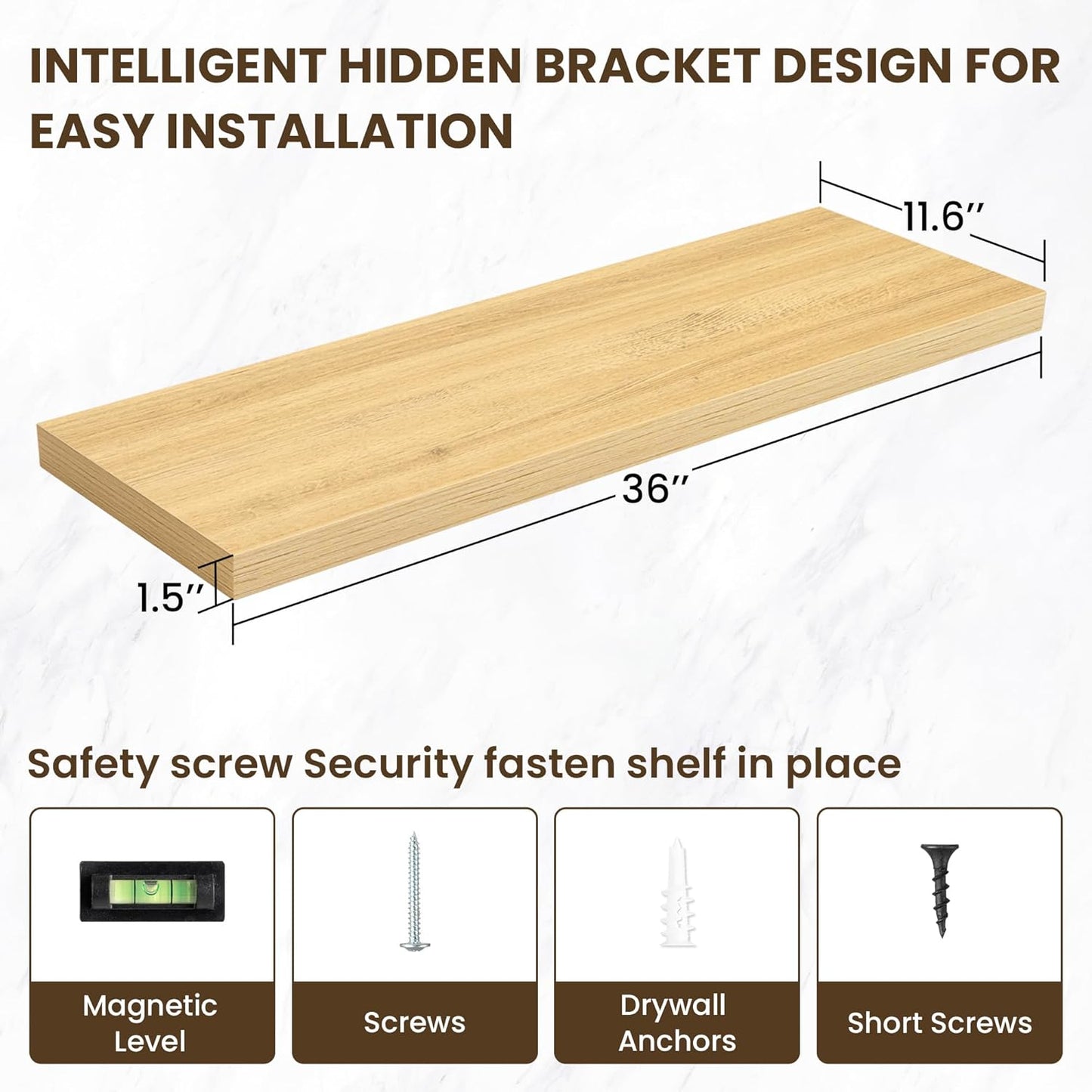 36 Inch Floating Shelves, 11.6 Inch Deep Floating Shelves for Wall, Floating Shelf with Invisible